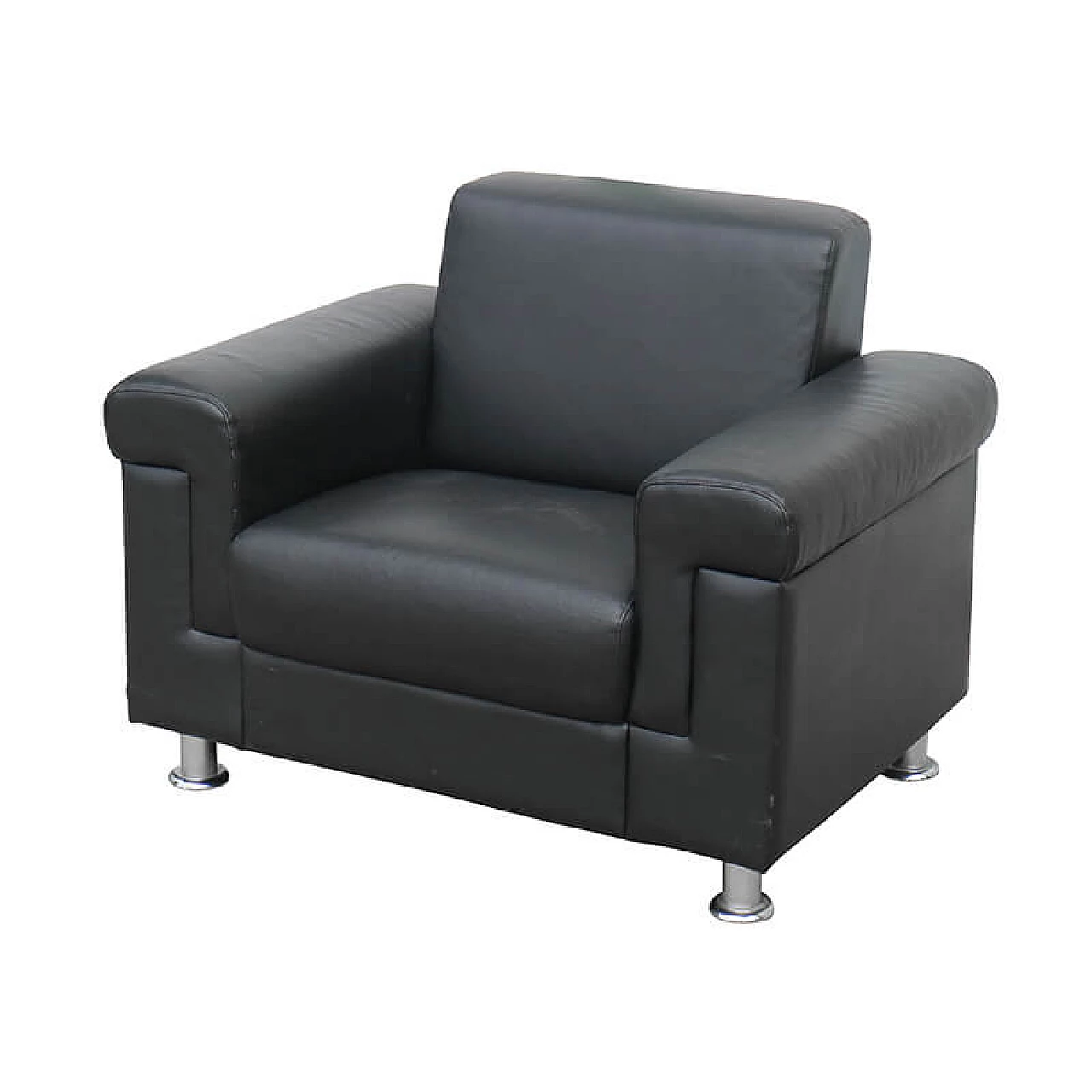 Pair of black leather armchairs with steel feet, 1950s 1