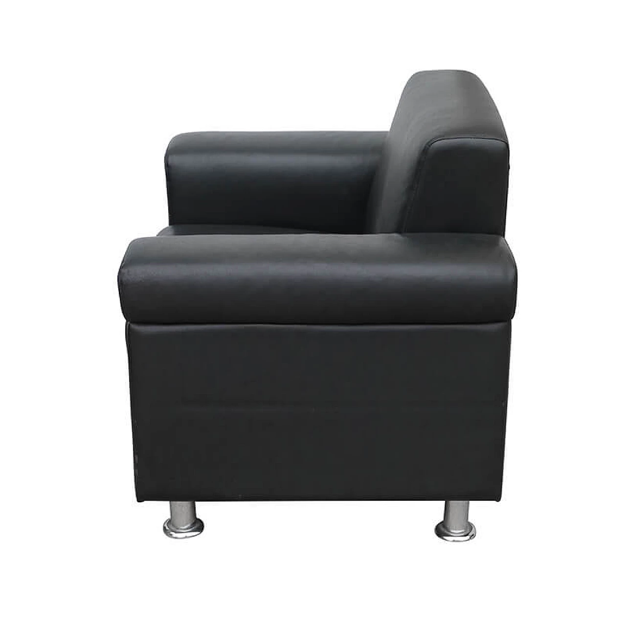 Pair of black leather armchairs with steel feet, 1950s 2