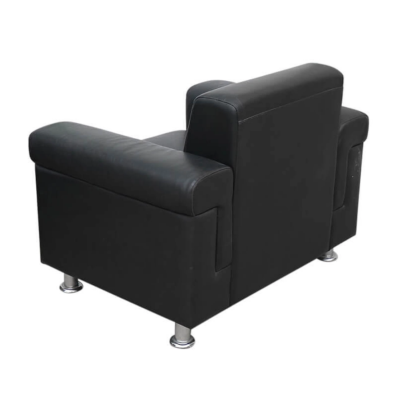 Pair of black leather armchairs with steel feet, 1950s 3