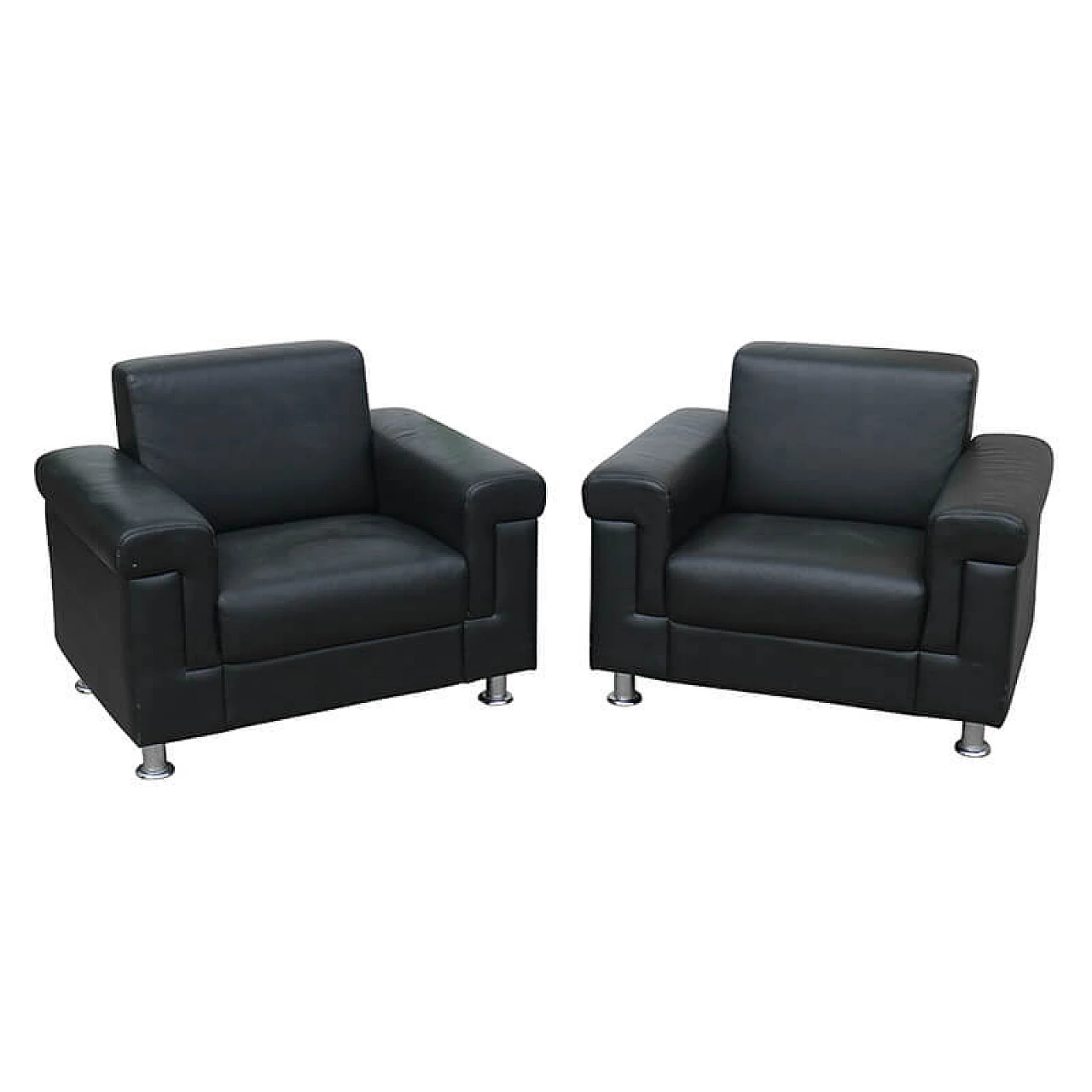 Pair of black leather armchairs with steel feet, 1950s 4