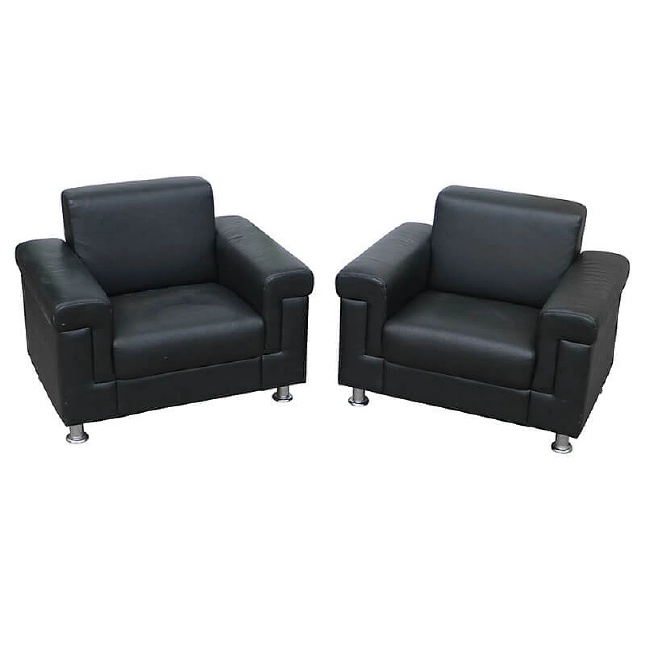 Pair of black leather armchairs with steel feet, 1950s 6