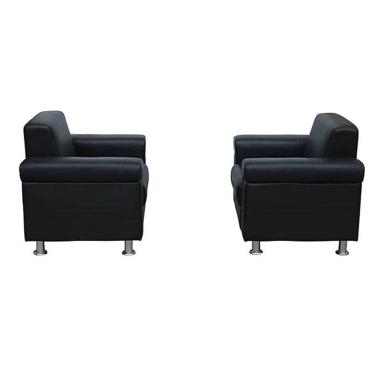 Pair of black leather armchairs with steel feet, 1950s 7