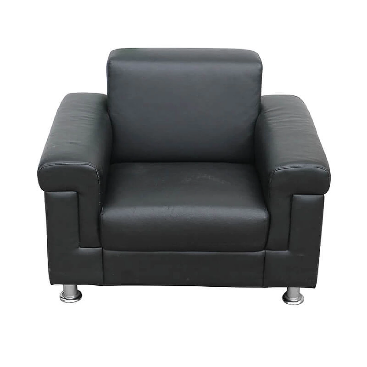 Pair of black leather armchairs with steel feet, 1950s 8