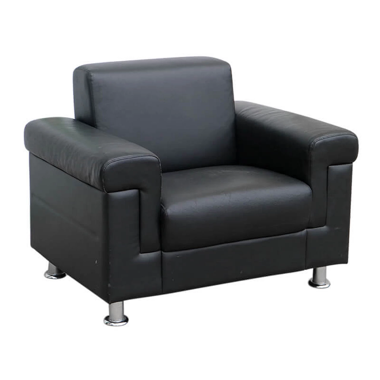 Pair of black leather armchairs with steel feet, 1950s 9