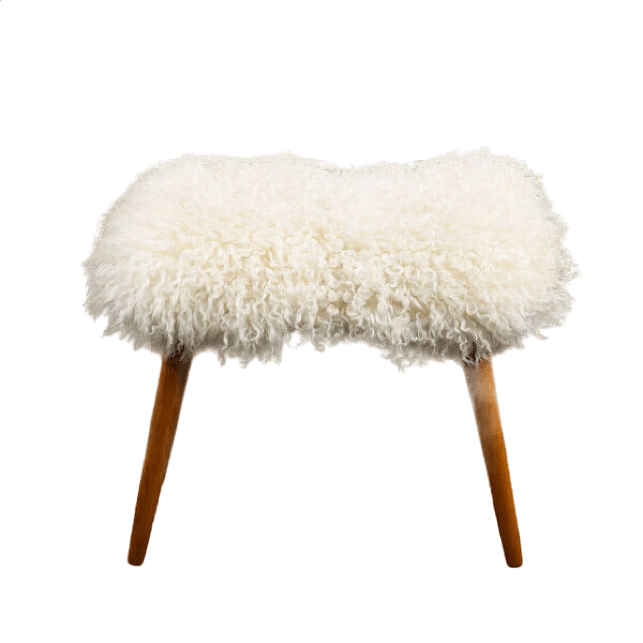 Danish longhair sheepskin pouf with teak legs, 1970s 6