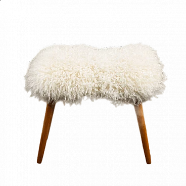 Pouf danese in pelle di pecora naturale a pelo lungo e gambe in teak, anni '70