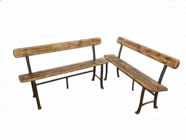 Pair of spruce and iron benches, 1950s