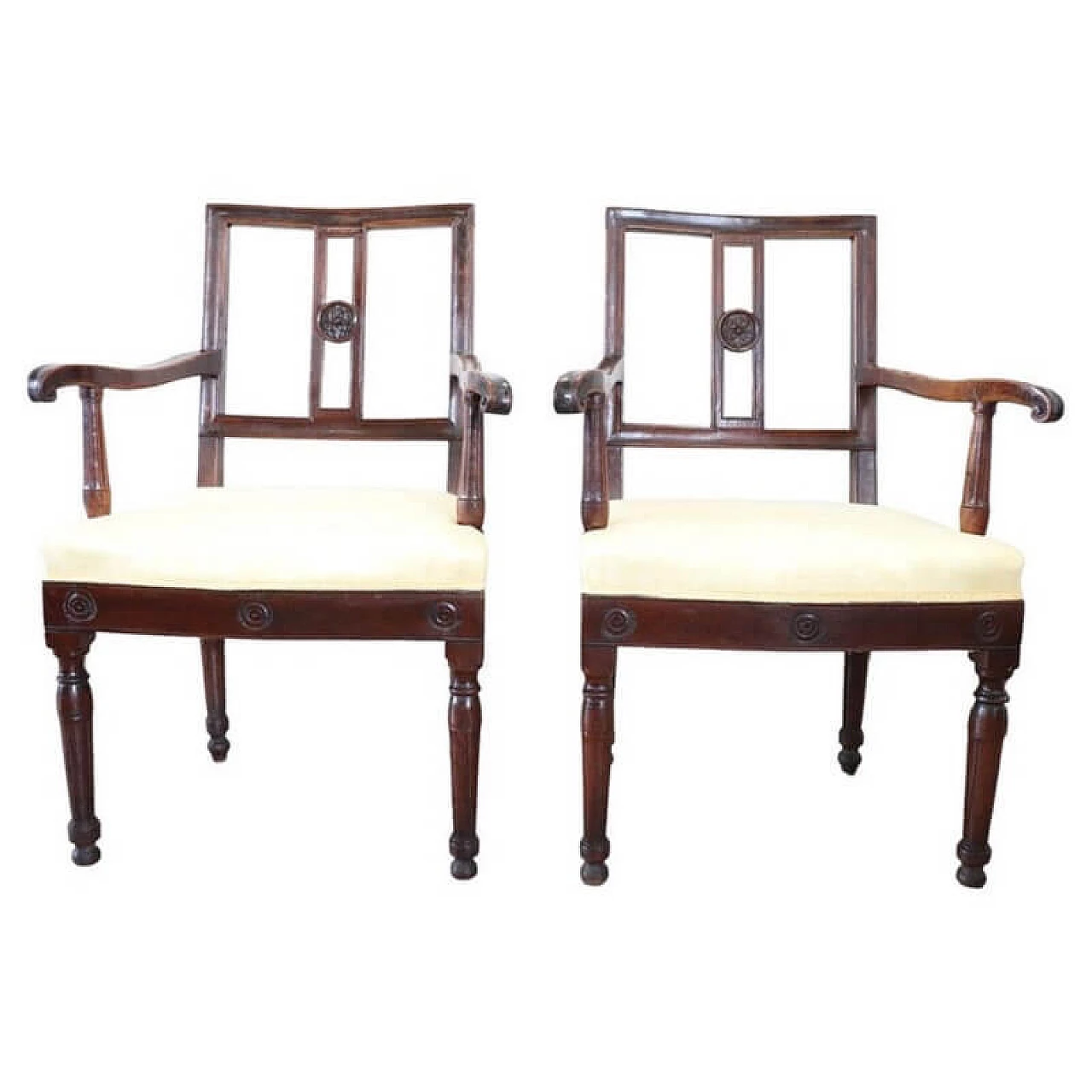 Pair of Louis XVI solid walnut and fabric armchairs, 18th century 1