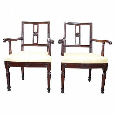 Pair of Louis XVI solid walnut and fabric armchairs, 18th century