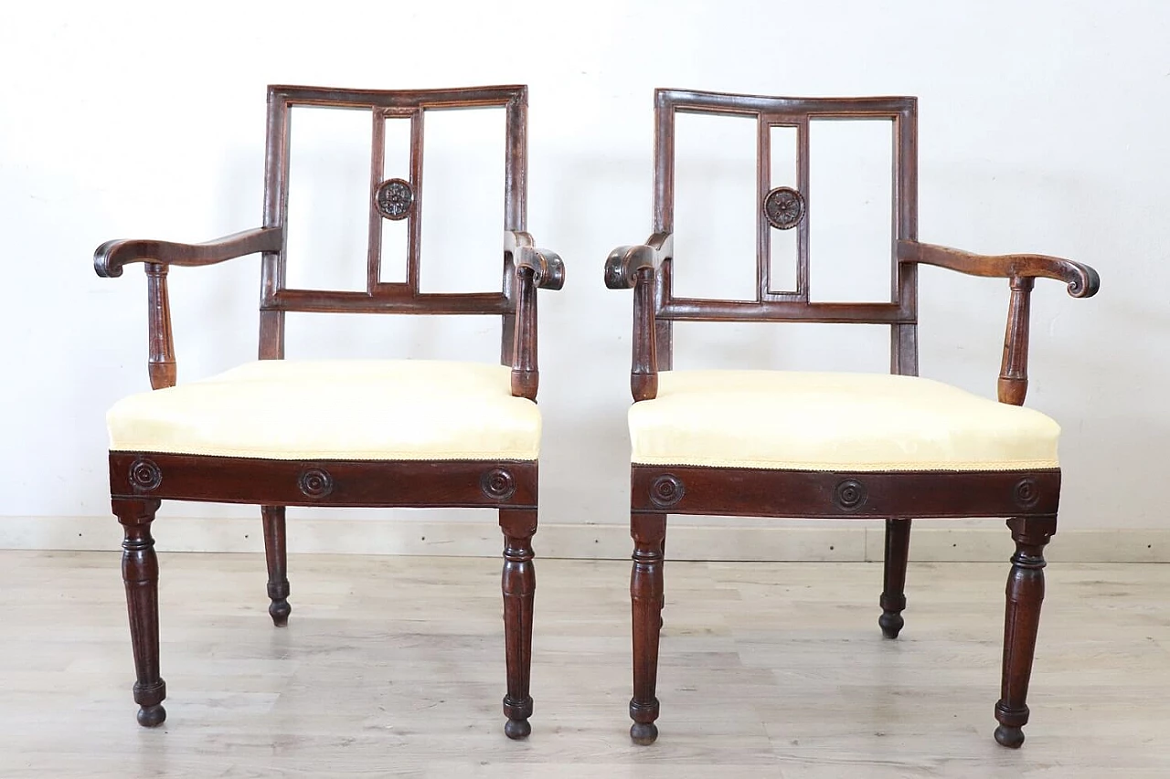 Pair of Louis XVI solid walnut and fabric armchairs, 18th century 6