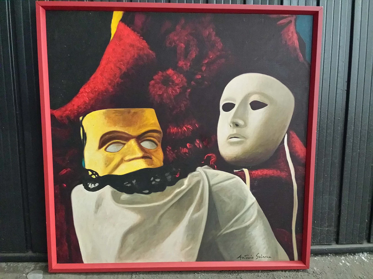 Antonio Sciacca, natura morta con maschere, dipinto a olio su tela 1