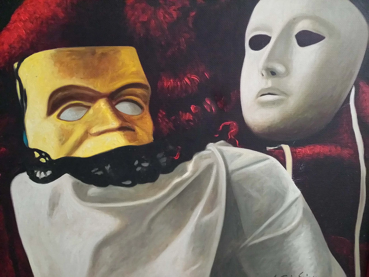 Antonio Sciacca, natura morta con maschere, dipinto a olio su tela 4