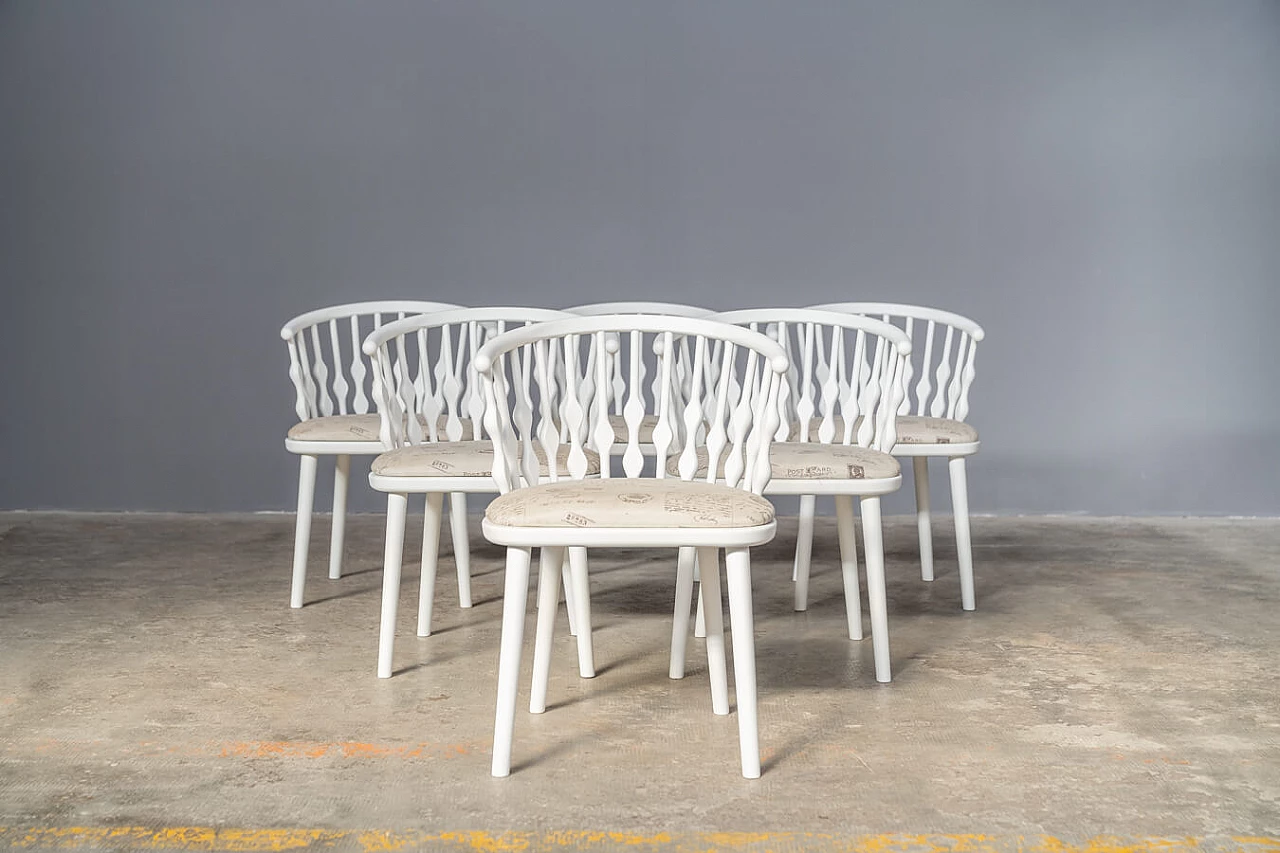 6 Chairs in white varnished beech and patterned fabric, 2000s 1