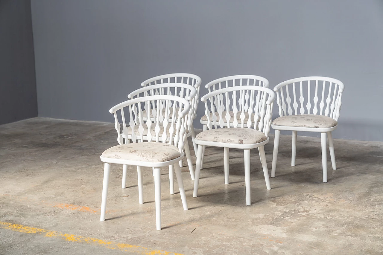 6 Chairs in white varnished beech and patterned fabric, 2000s 2