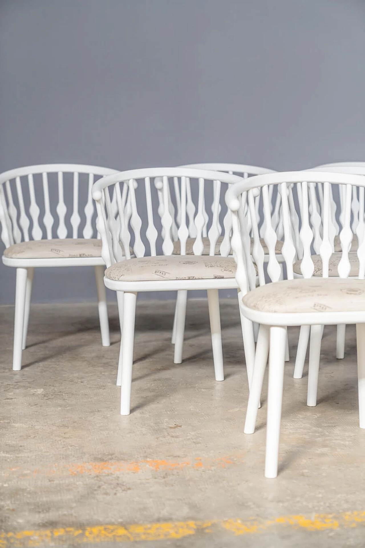 6 Chairs in white varnished beech and patterned fabric, 2000s 11