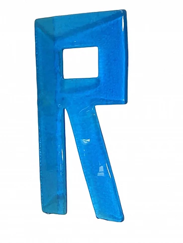 Blue glass letter R, 1980s