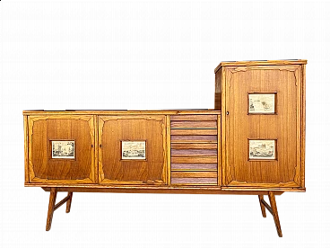 Sideboard in carved, inlaid and decorated oak, 1950s