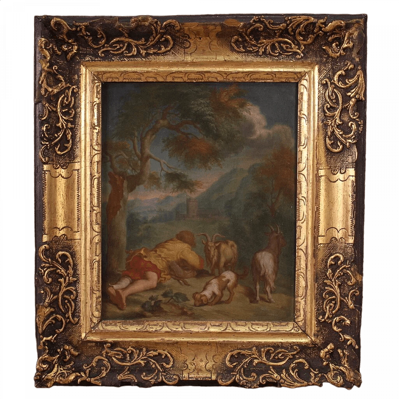 Flemish bucolic landscape, oil on table, 18th century 17