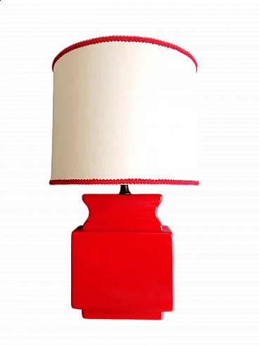 Red glazed ceramic wall lamp with silk shade, 1970s