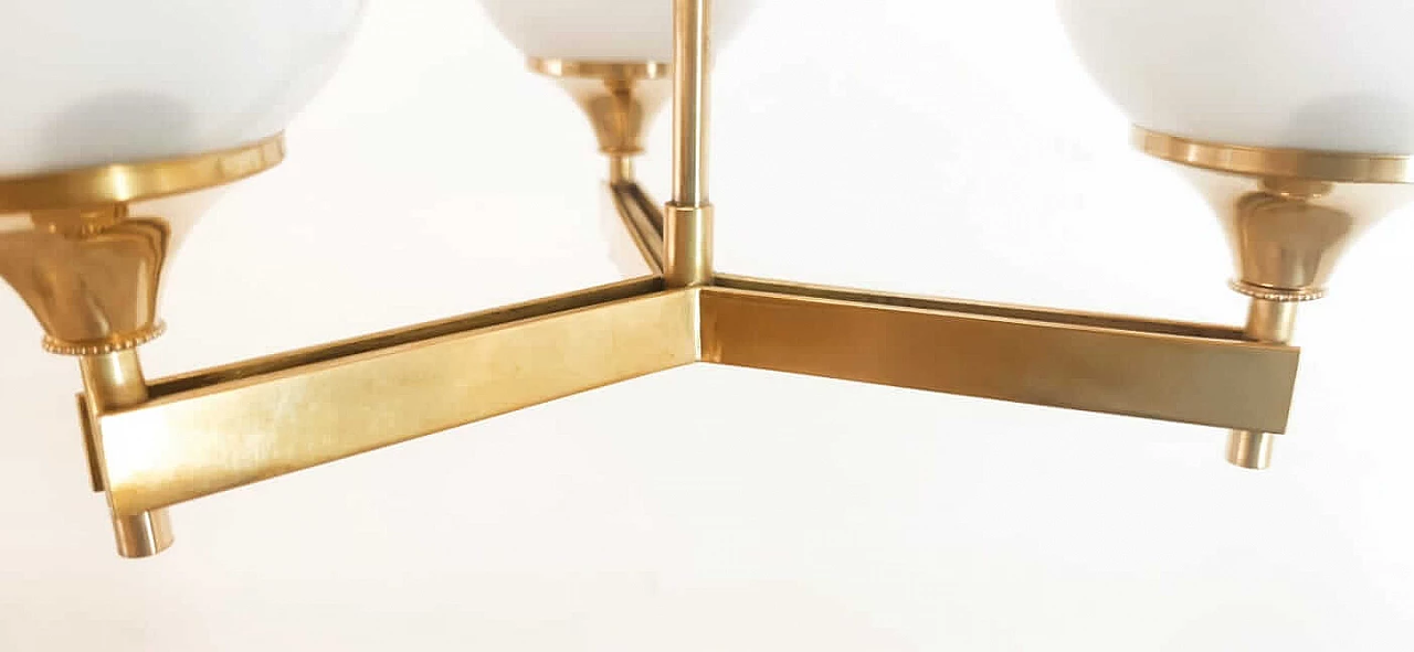 Three-light brass and shiny white glass chandelier, 1970s 1