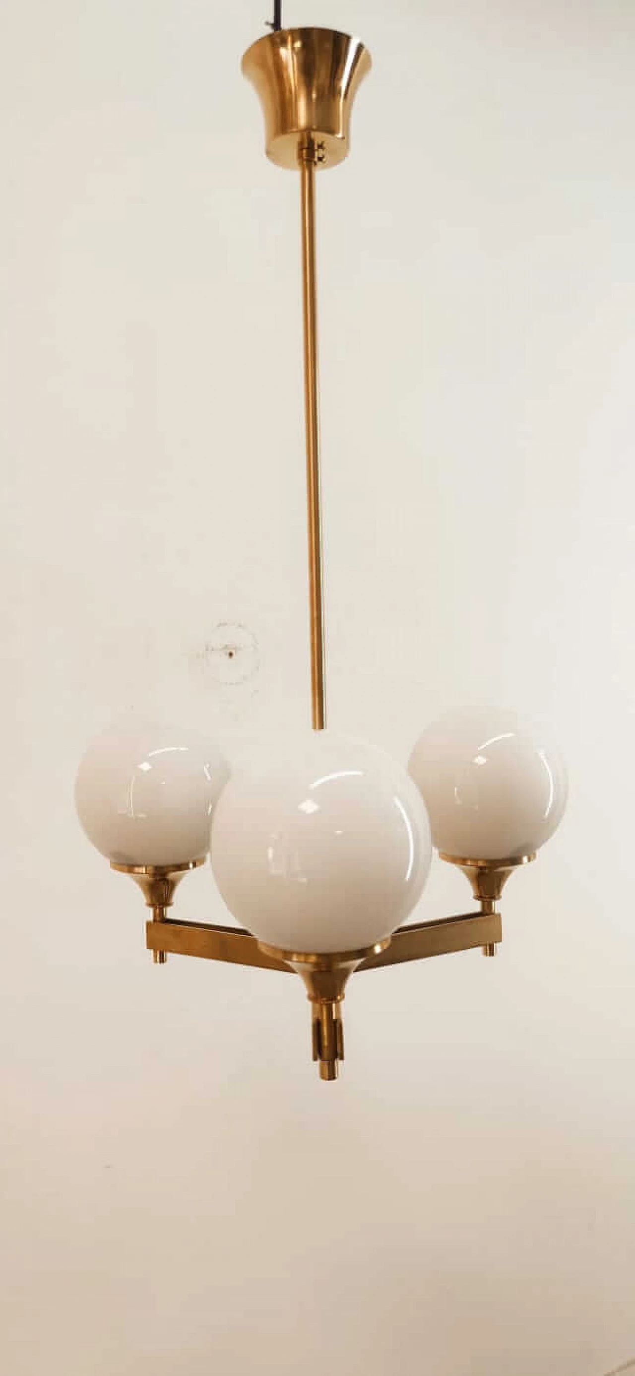 Three-light brass and shiny white glass chandelier, 1970s 4