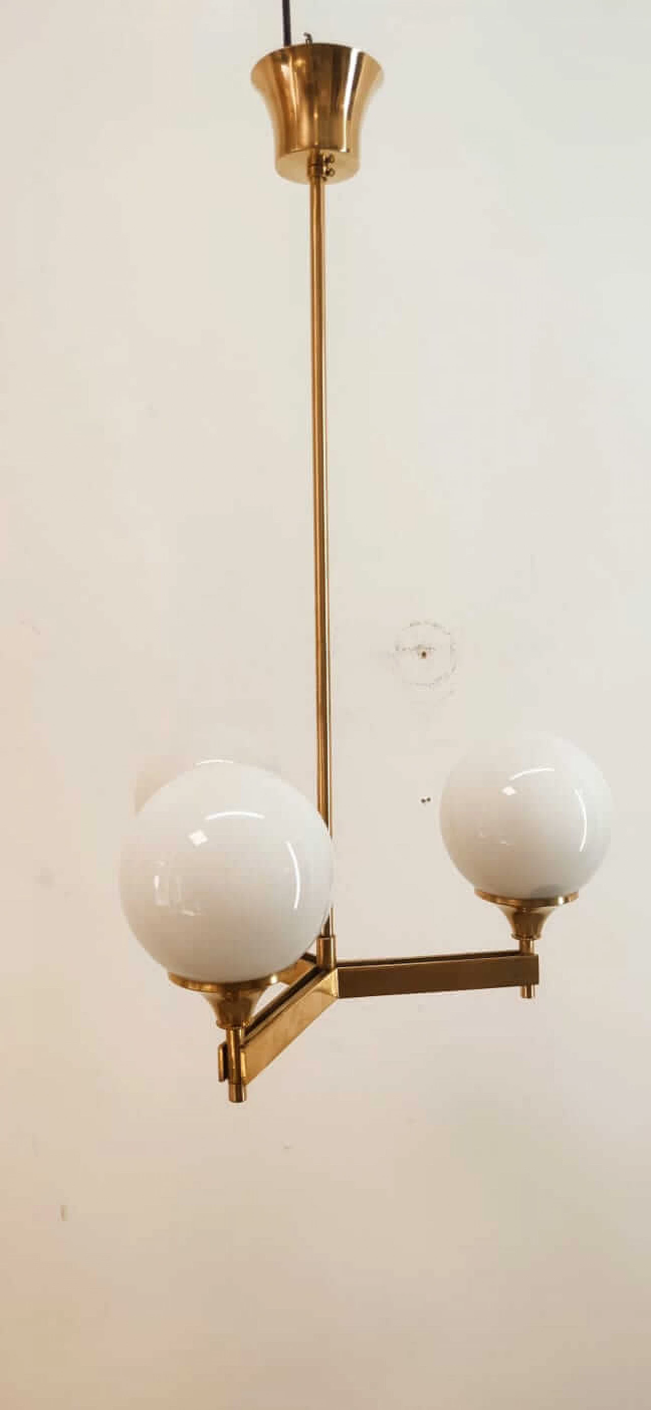 Three-light brass and shiny white glass chandelier, 1970s 5