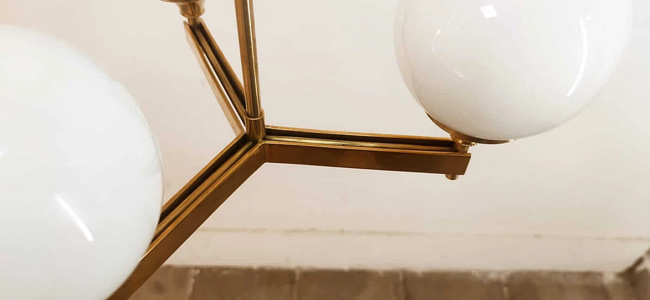 Three-light brass and shiny white glass chandelier, 1970s 7