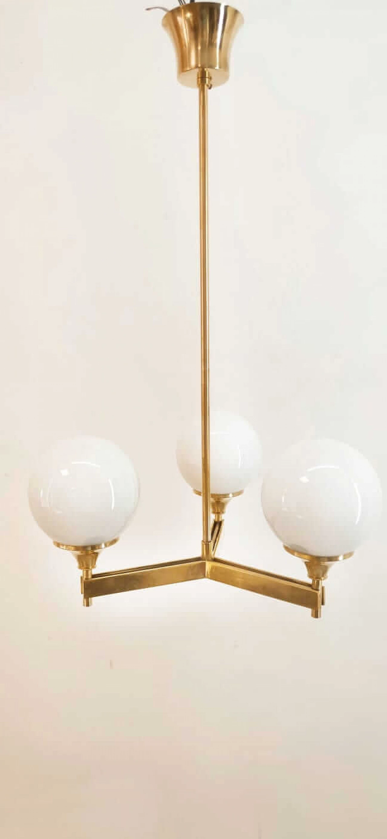 Three-light brass and shiny white glass chandelier, 1970s 9