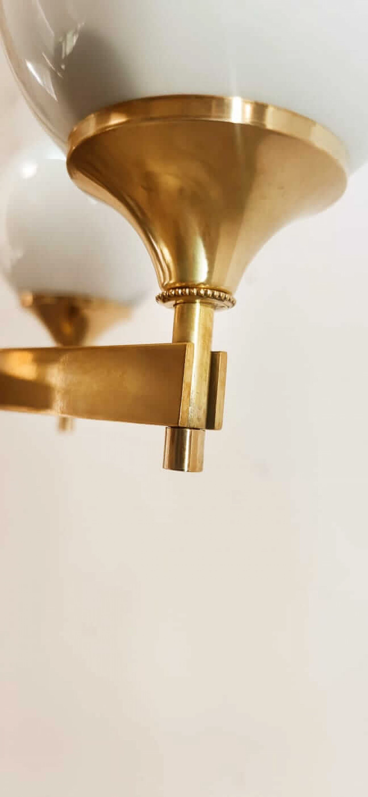 Three-light brass and shiny white glass chandelier, 1970s 11