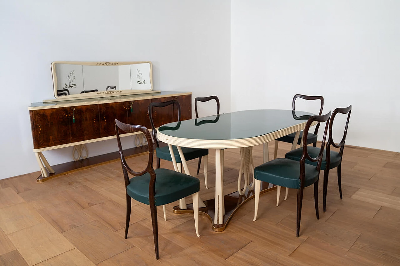 Pair of sideboards with mirror, table and chairs in the style of Vittorio Dassi, 1950s 1