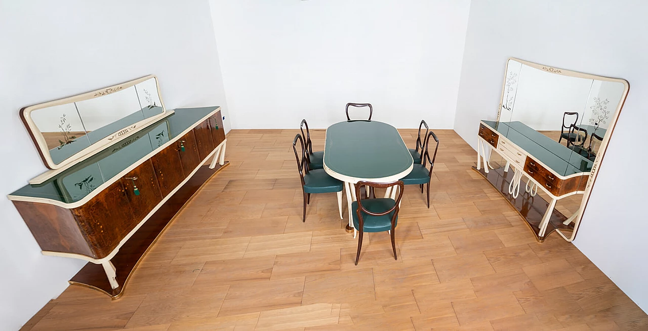 Pair of sideboards with mirror, table and chairs in the style of Vittorio Dassi, 1950s 45