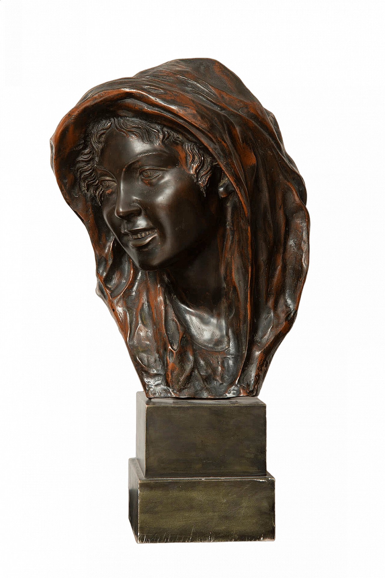 Vincenzo Gemito, testa di donna con velo, scultura in bronzo, inizio '900 6