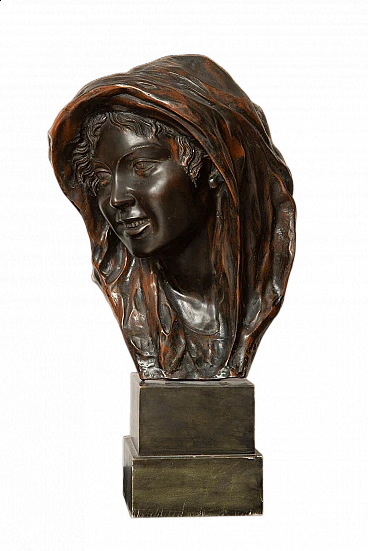 Vincenzo Gemito, testa di donna con velo, scultura in bronzo, inizio '900