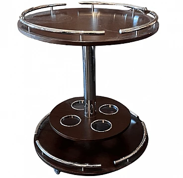 Round mahogany and steel bar cart, 1980s