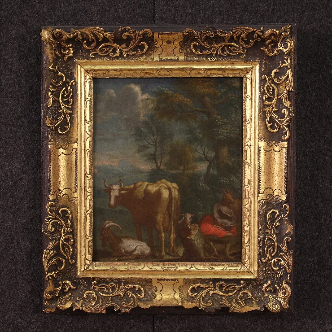 Bucolic landscape with shepherd and animals, oil painting on panel, 18th century 1