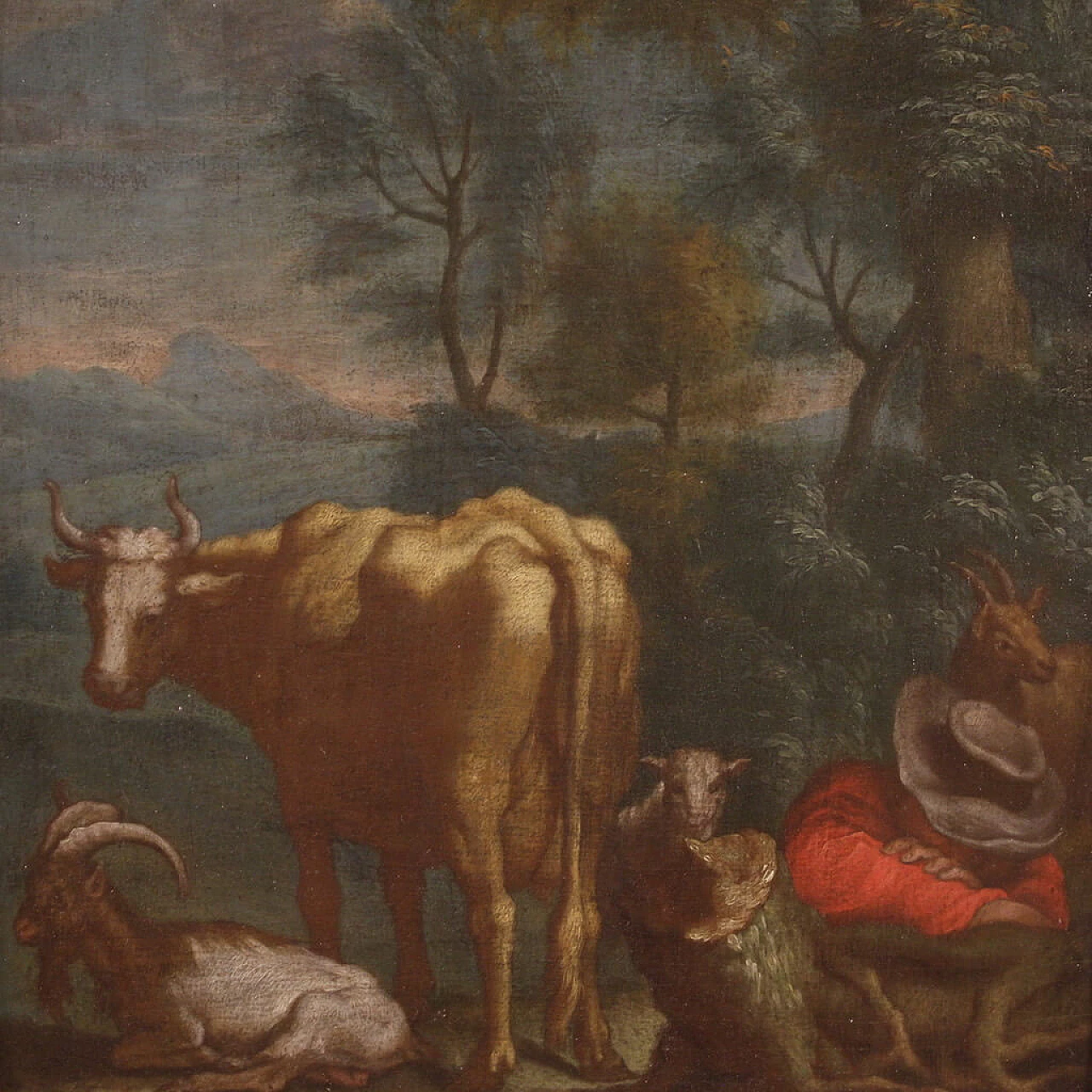 Bucolic landscape with shepherd and animals, oil painting on panel, 18th century 2
