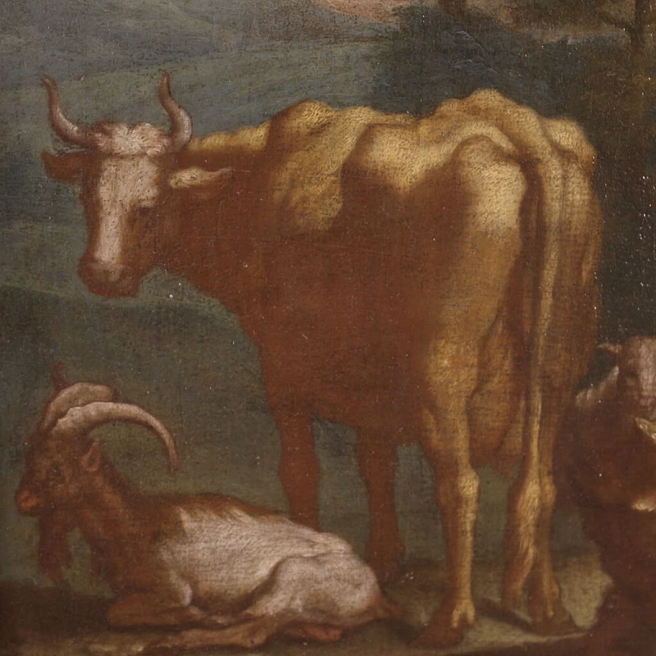 Bucolic landscape with shepherd and animals, oil painting on panel, 18th century 4