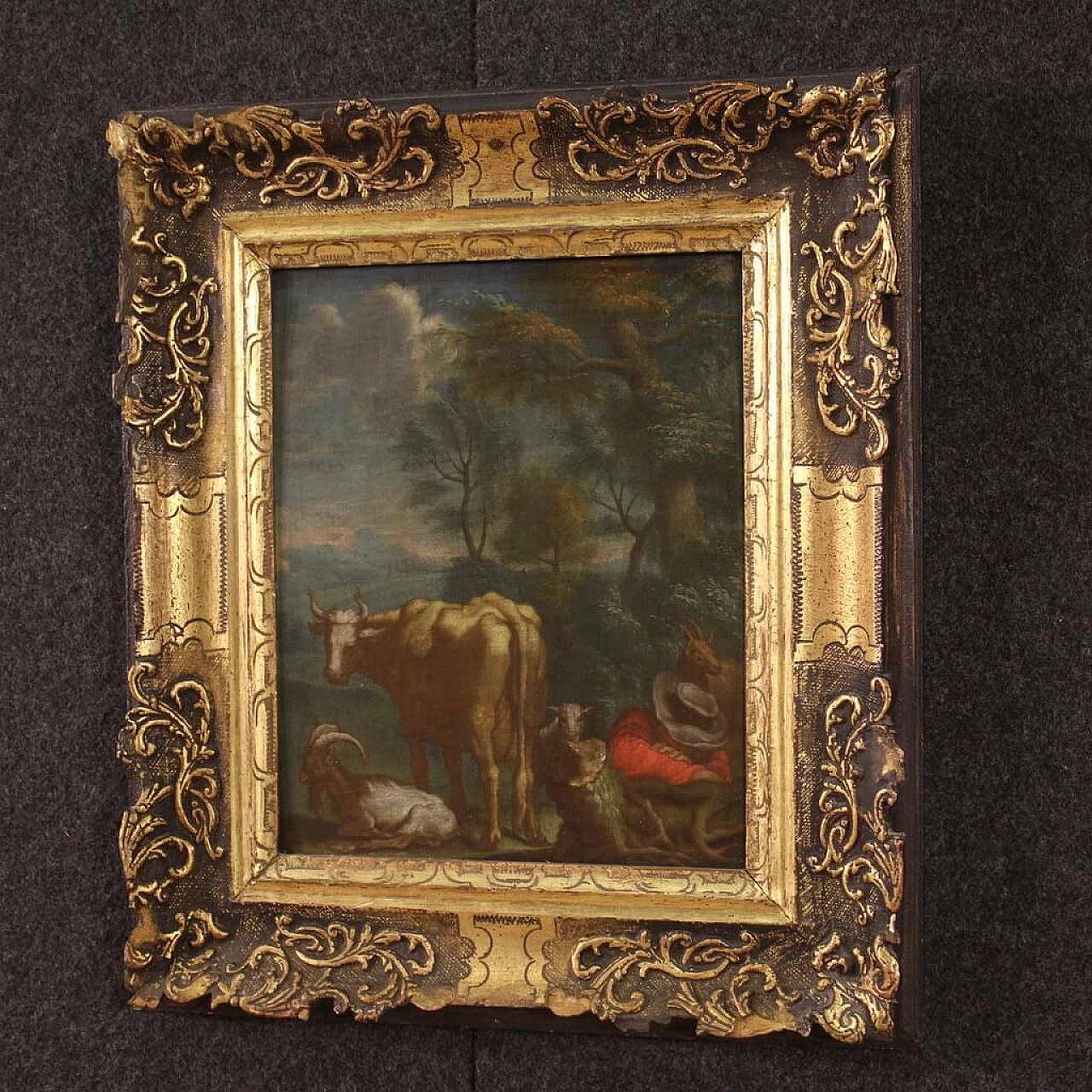 Bucolic landscape with shepherd and animals, oil painting on panel, 18th century 5