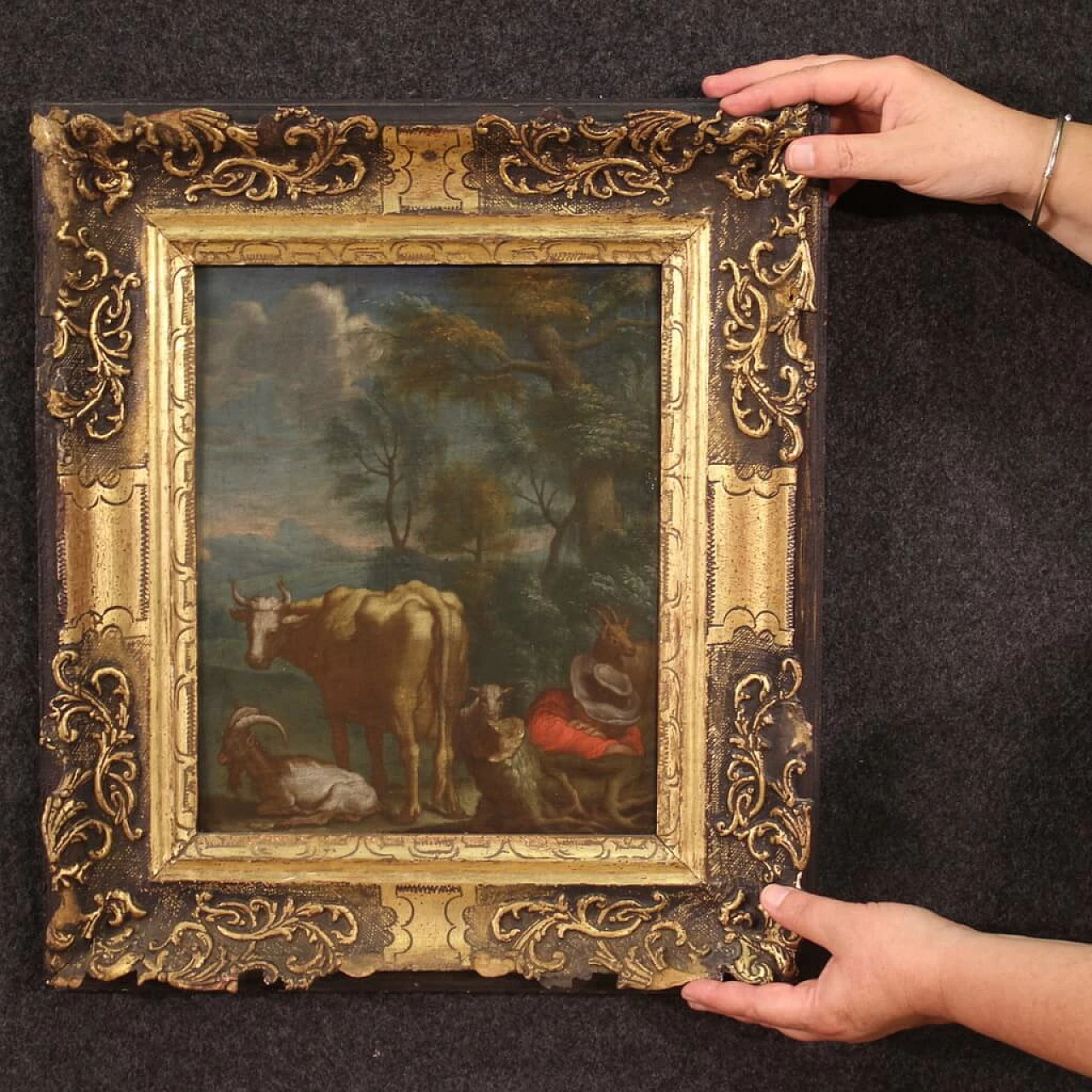 Bucolic landscape with shepherd and animals, oil painting on panel, 18th century 10