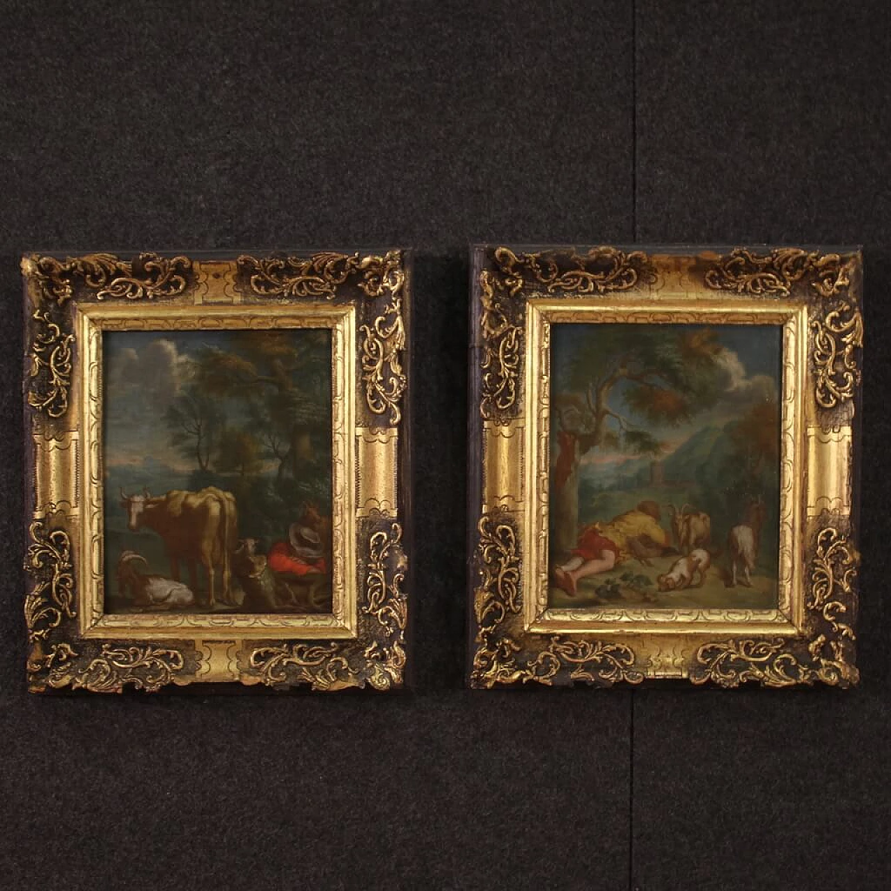 Bucolic landscape with shepherd and animals, oil painting on panel, 18th century 11