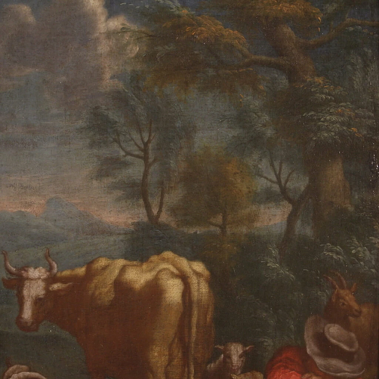 Bucolic landscape with shepherd and animals, oil painting on panel, 18th century 13