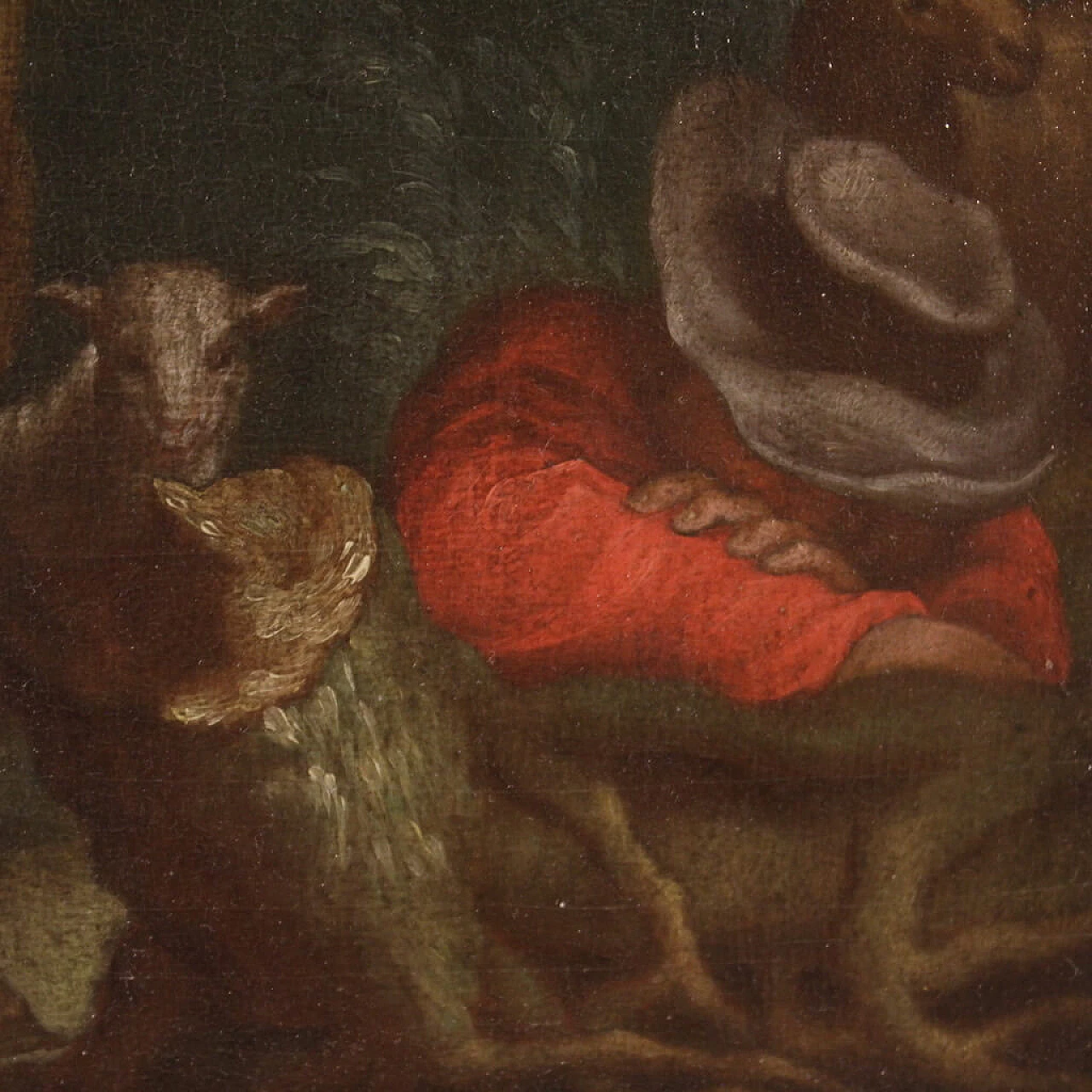 Bucolic landscape with shepherd and animals, oil painting on panel, 18th century 15