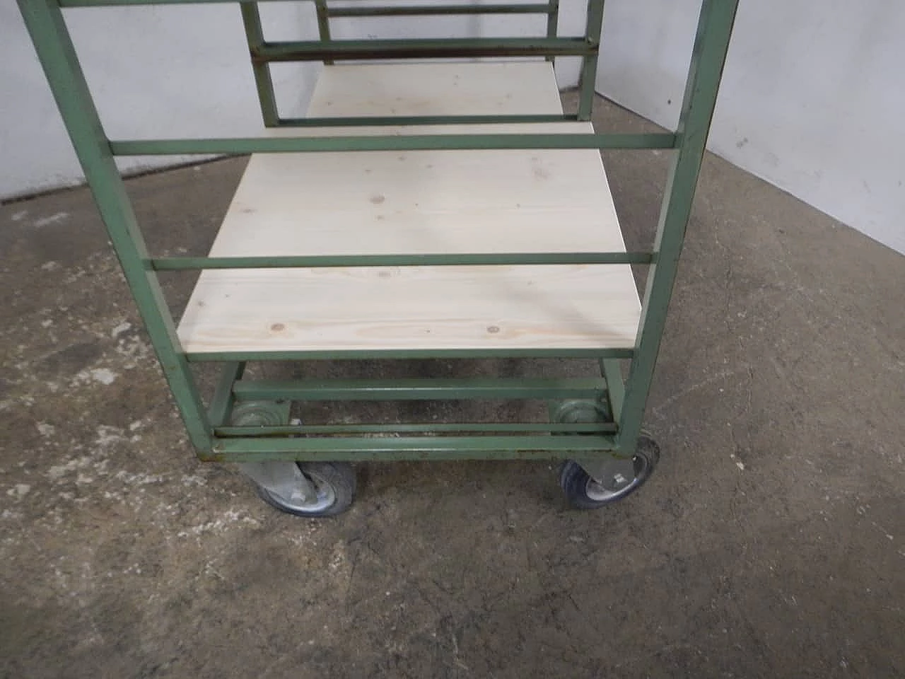 Pair of green metal and spruce potter's carts, 1960s 5
