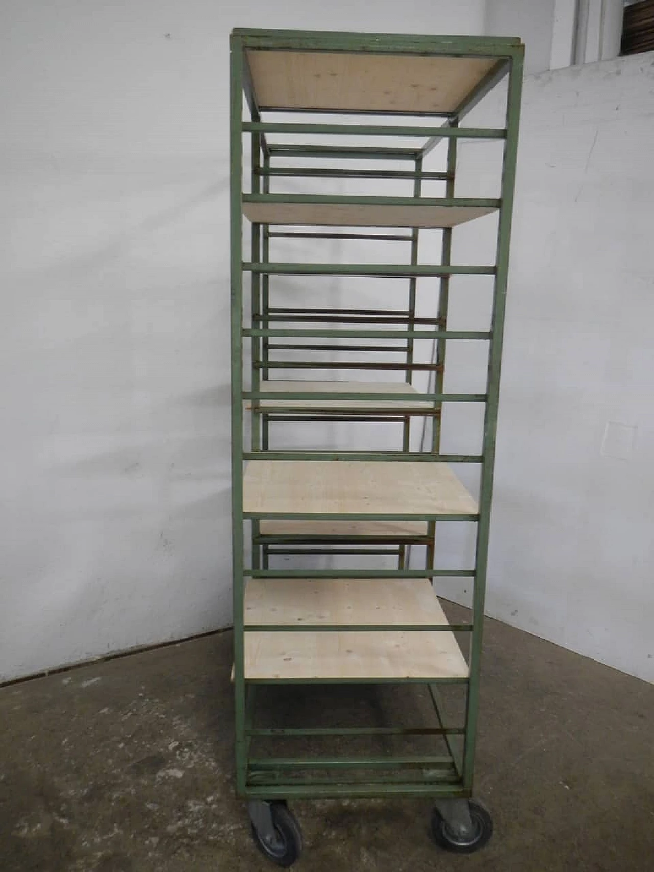 Pair of green metal and spruce potter's carts, 1960s 9