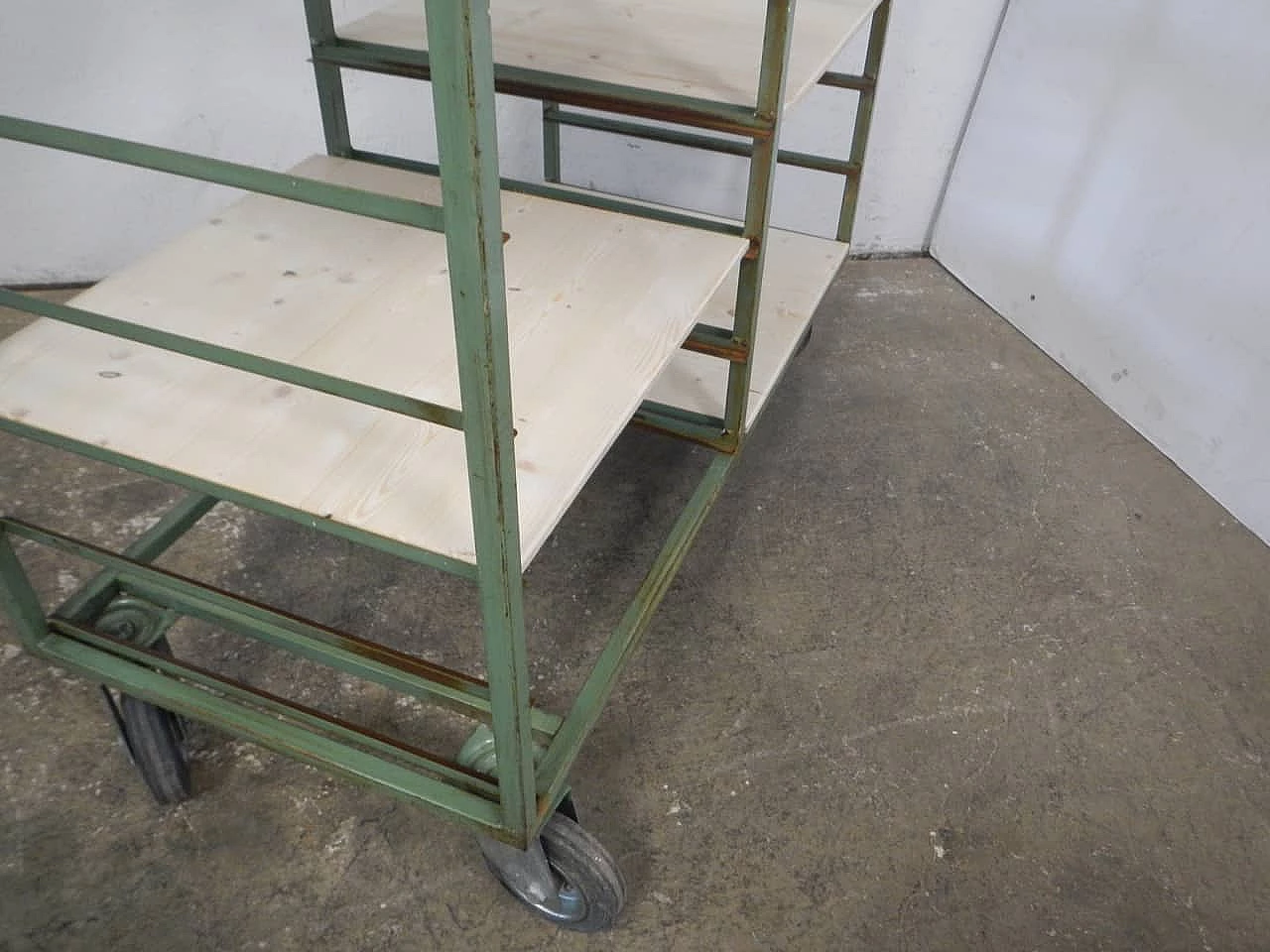 Pair of green metal and spruce potter's carts, 1960s 10