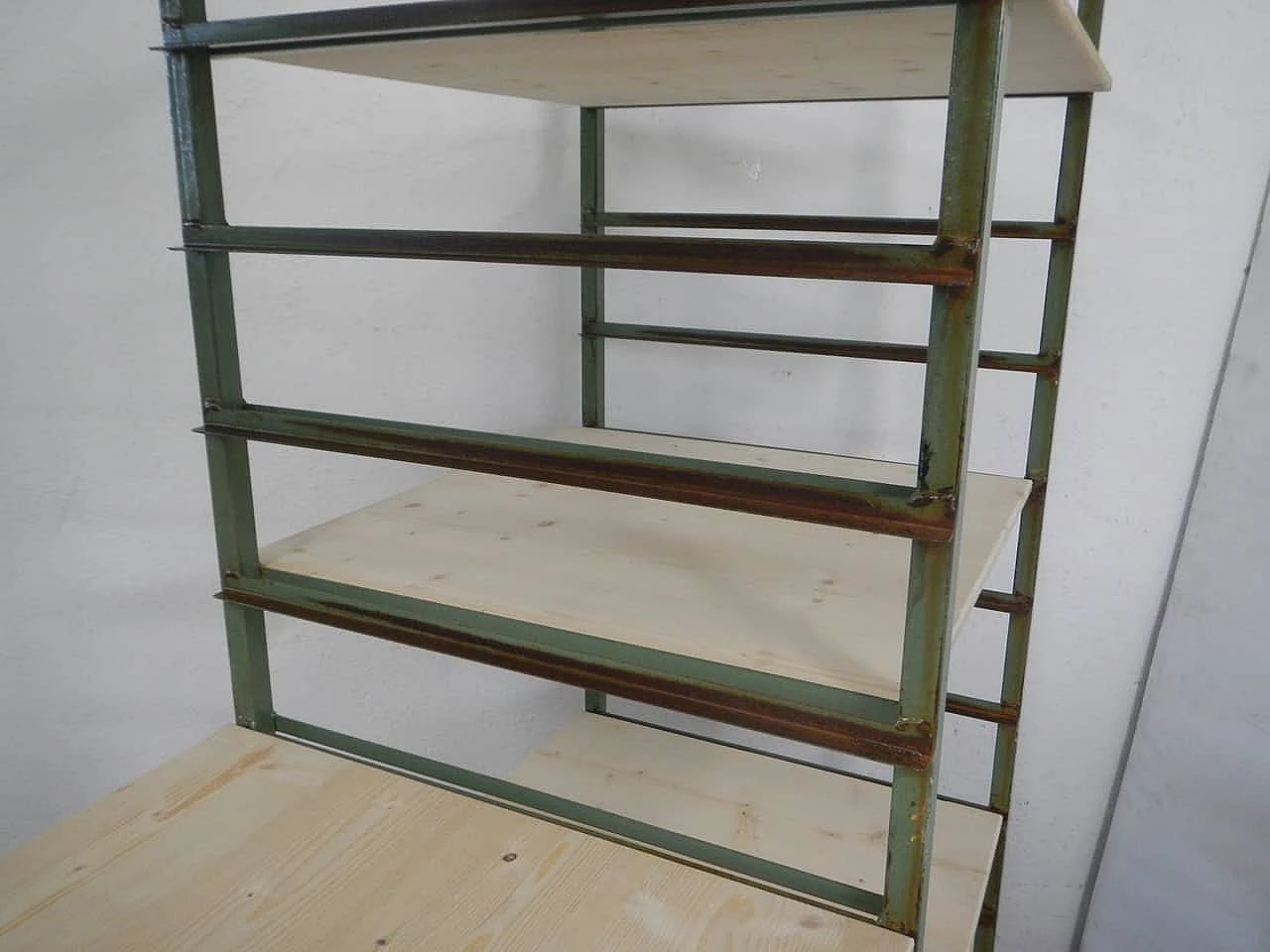 Pair of green metal and spruce potter's carts, 1960s 11