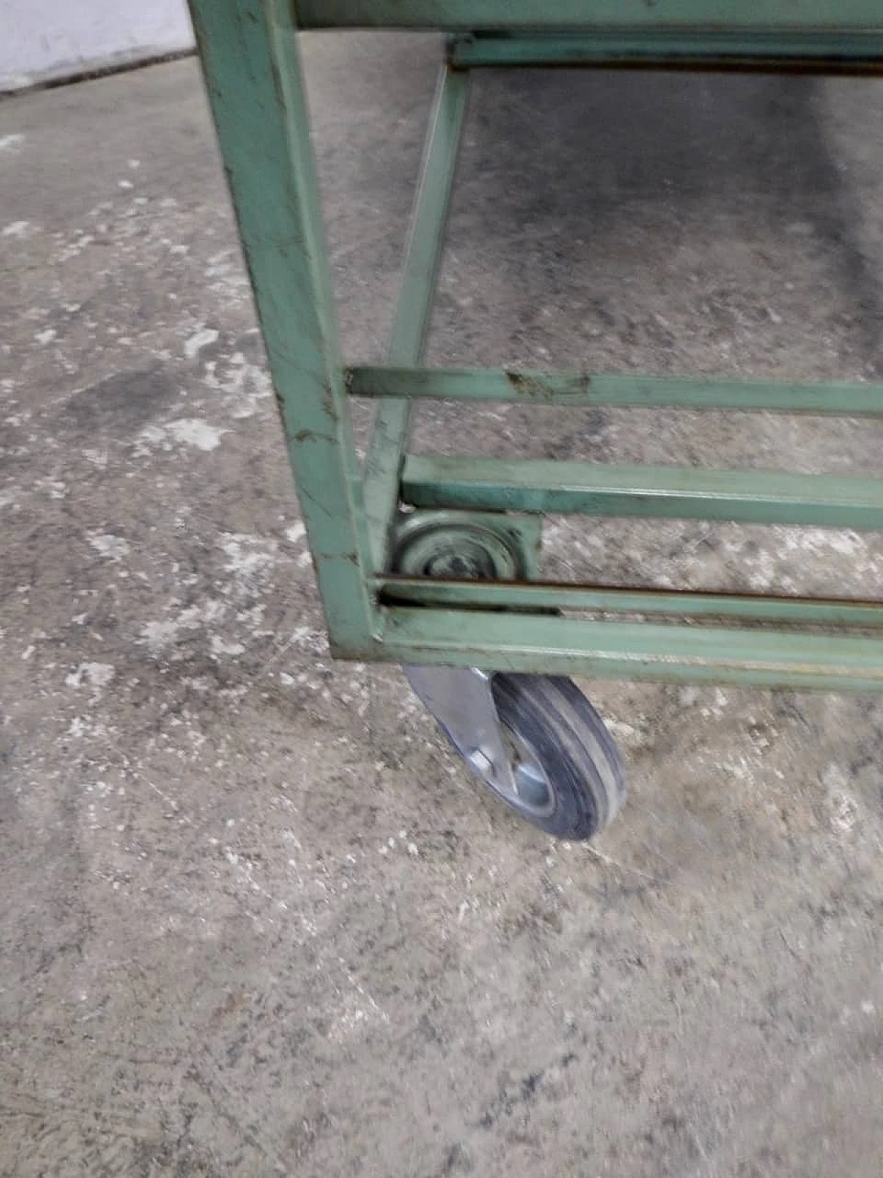 Pair of green metal and spruce potter's carts, 1960s 12