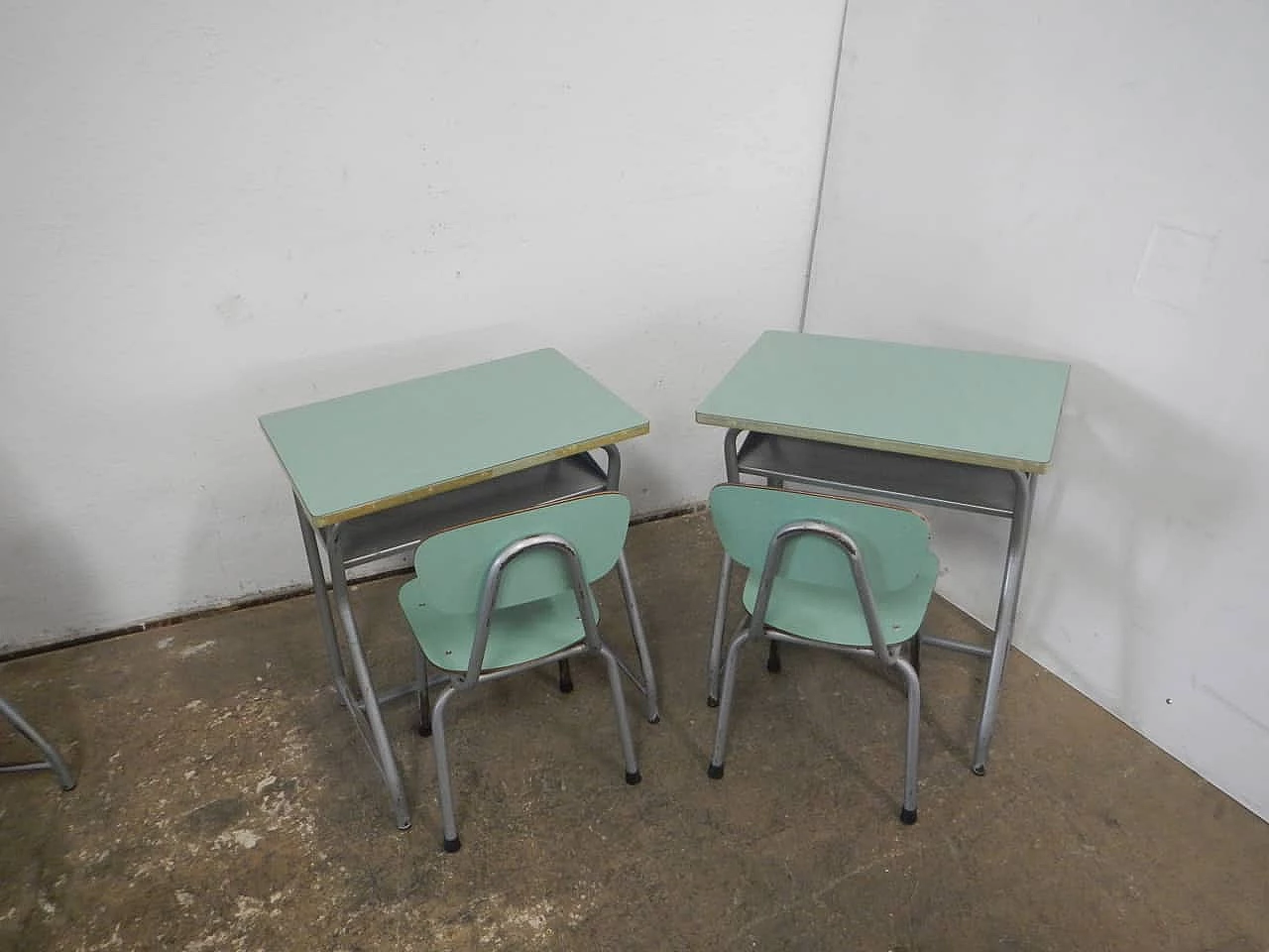 Pair of formica and metal school desks with chair, 1970s 1