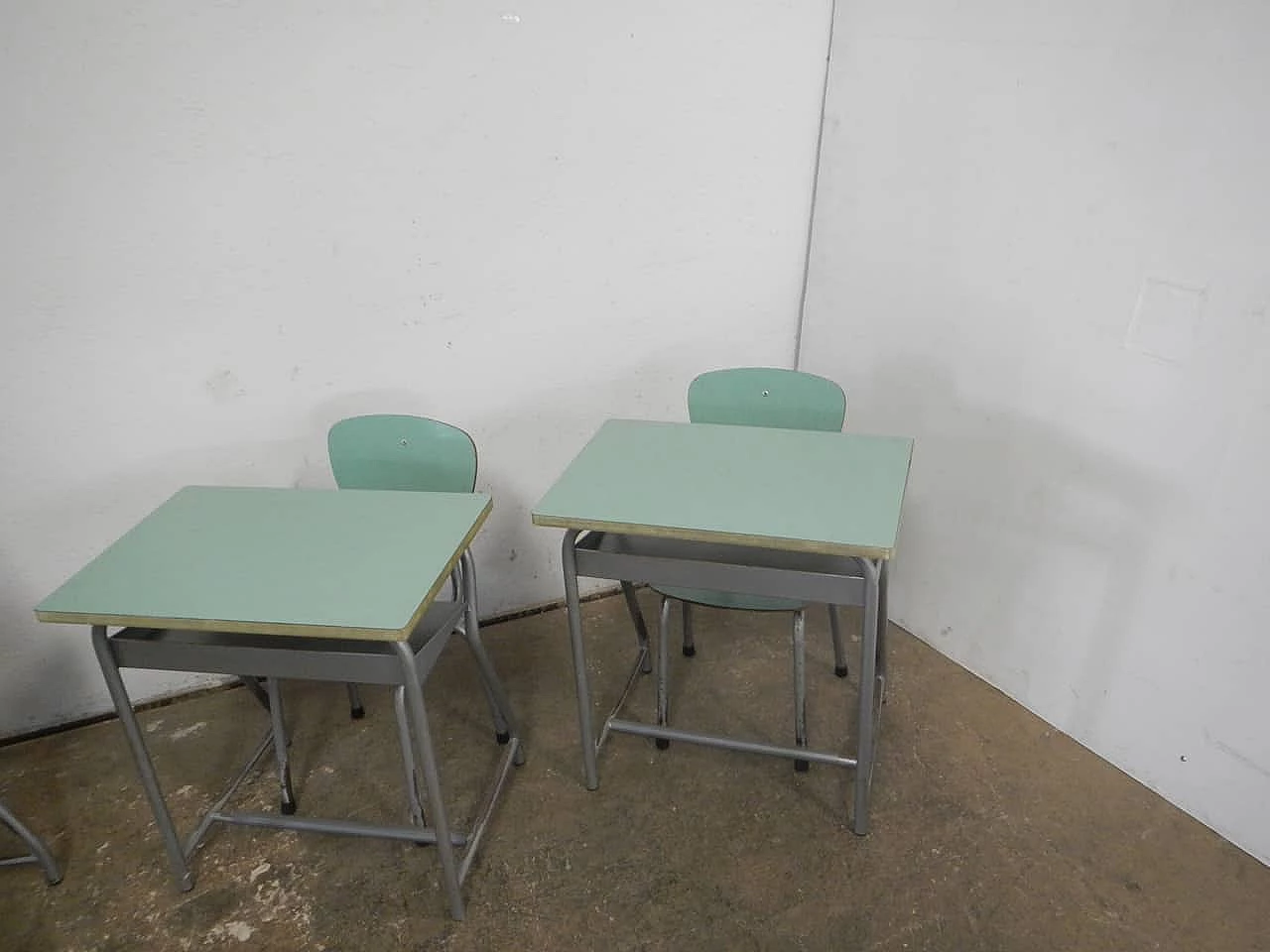 Pair of formica and metal school desks with chair, 1970s 2