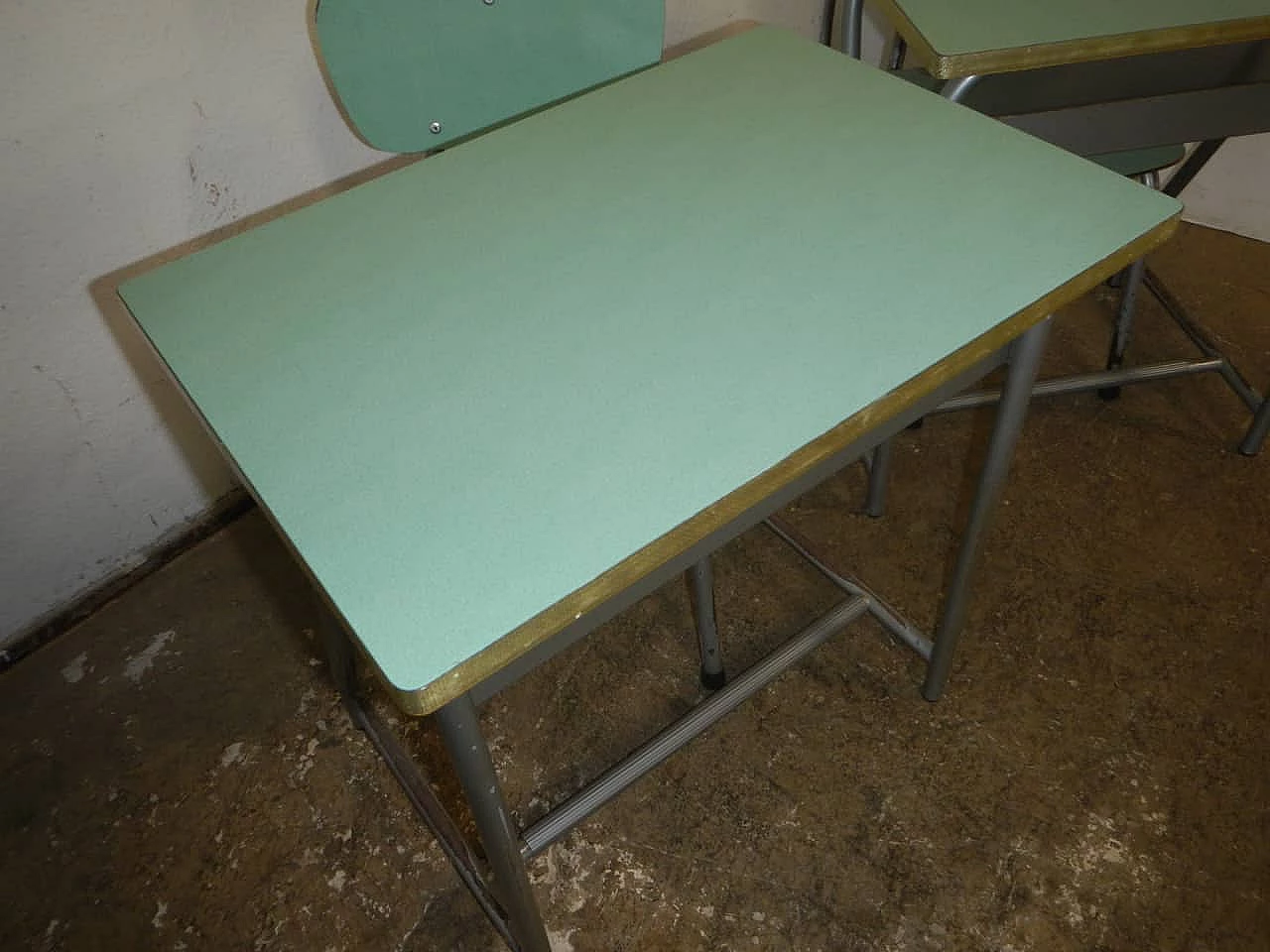 Pair of formica and metal school desks with chair, 1970s 3